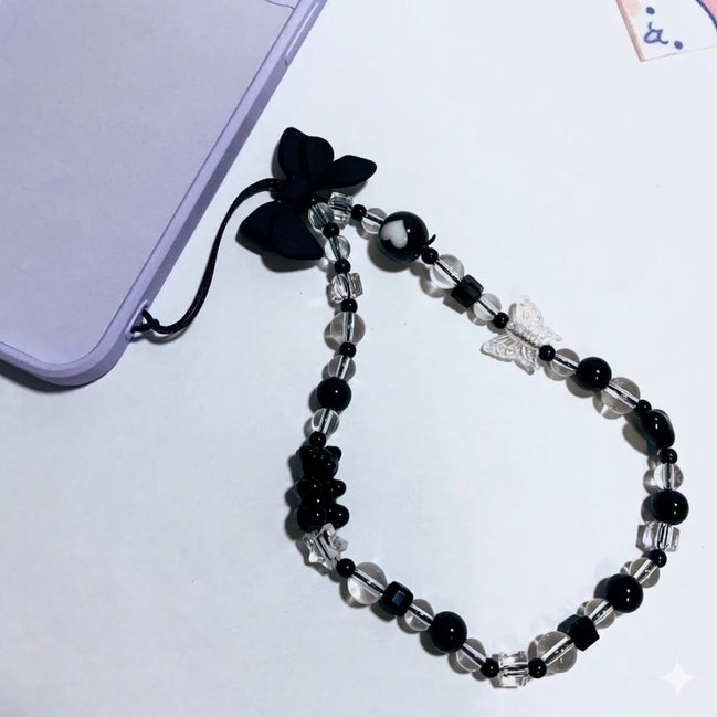 Clear & Black Beads with Bow Phone Strap