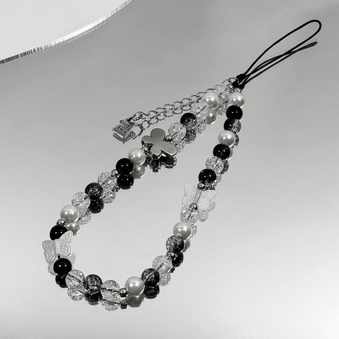 Clear & Black Beads with Metal Butterfly Phone Strap