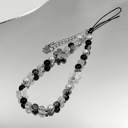 Clear & Black Beads with Metal Butterfly Phone Strap