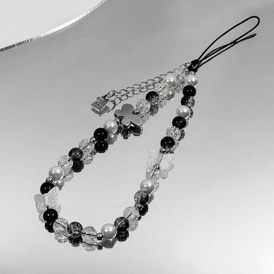 Clear & Black Beads with Metal Butterfly Phone Strap