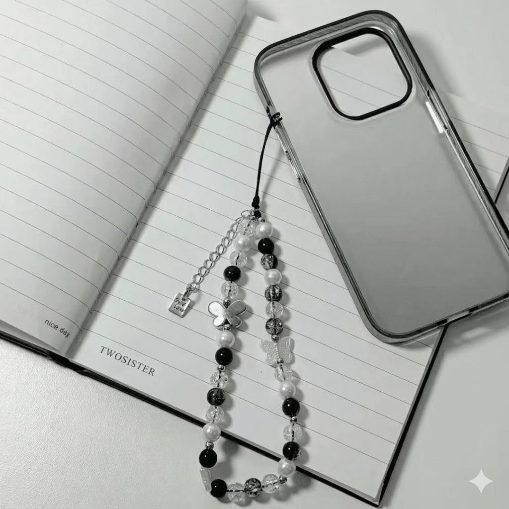Clear & Black Beads with Metal Butterfly Phone Strap