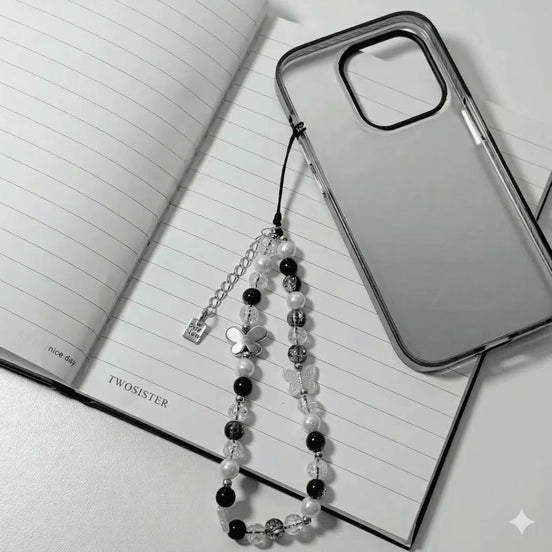 Clear & Black Beads with Metal Butterfly Phone Strap