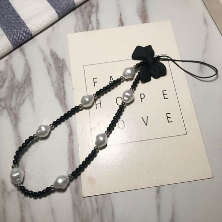 Black Beads & Peral with Bow Phone Strap