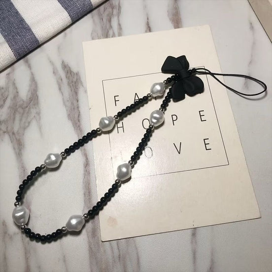 Black Beads & Peral with Bow Phone Strap