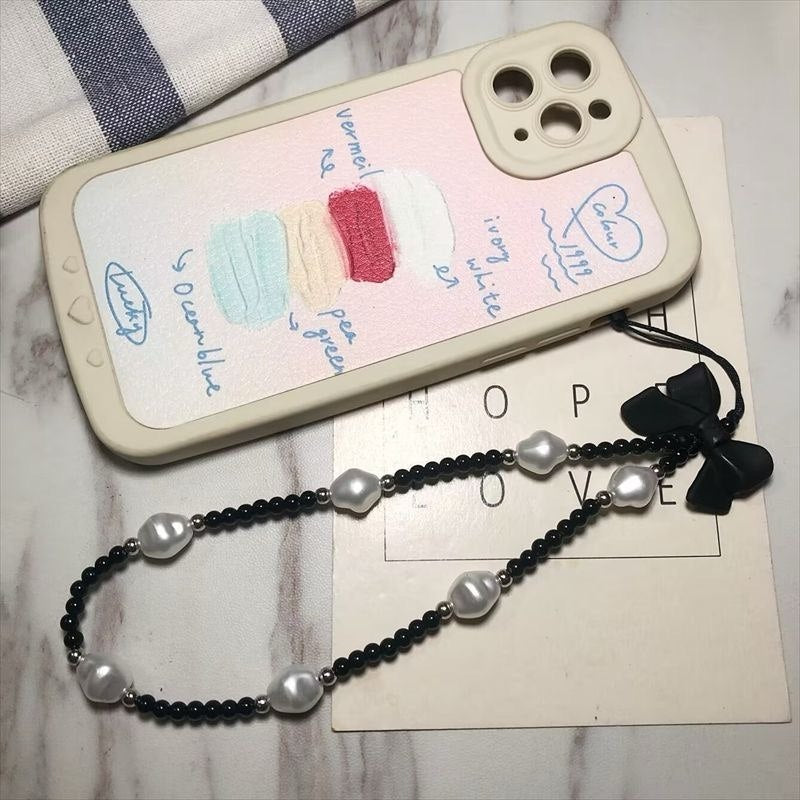 Black Beads & Peral with Bow Phone Strap