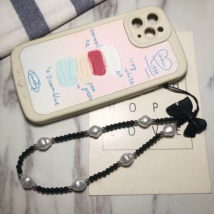 Black Beads & Peral with Bow Phone Strap