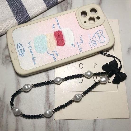 Black Beads & Peral with Bow Phone Strap