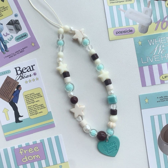 Blue & White Beads with Heart Phone Strap