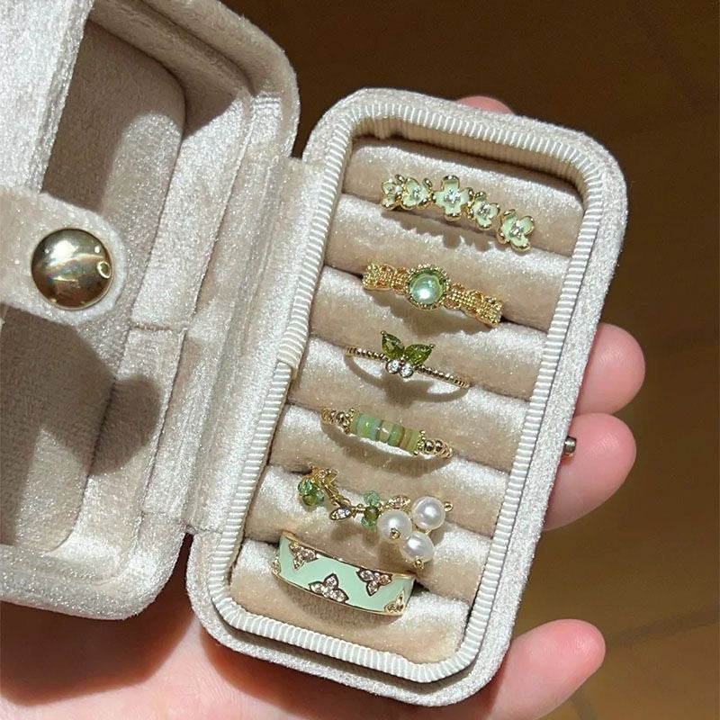 Green Enamel & Crystal Ring Set