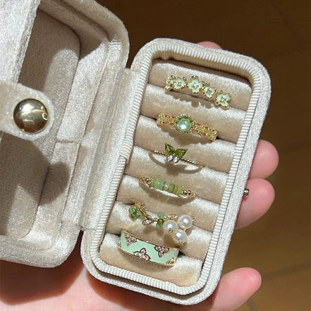 Green Enamel & Crystal Ring Set